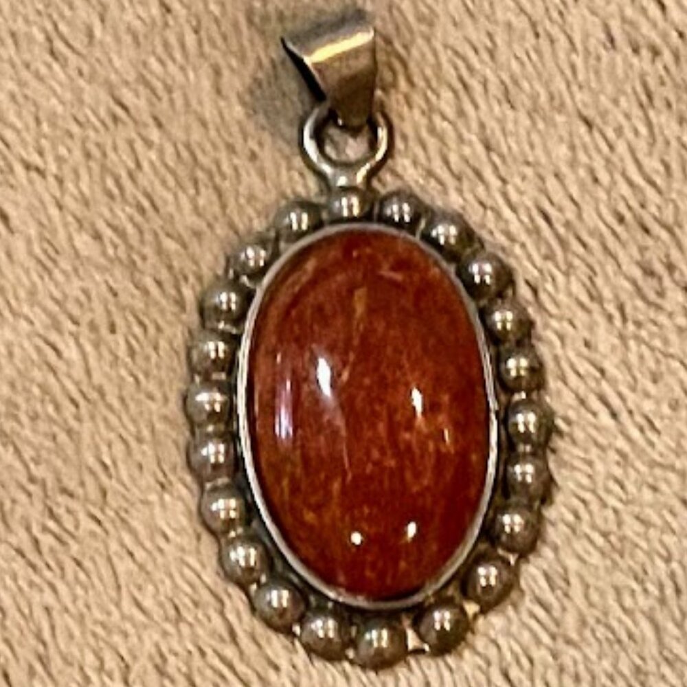 Mexican Sterling Silver Pendant with Red Coral Stone and Lobster Claw Clasp